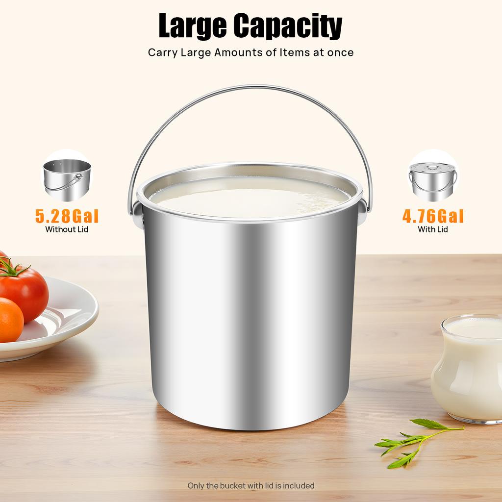 Commercial Heavy Duty 20L Stainless Steel Bucket with Lid,304 Grade Ice Food Storage Pail,Thickened Large Capacity & Free Scoop