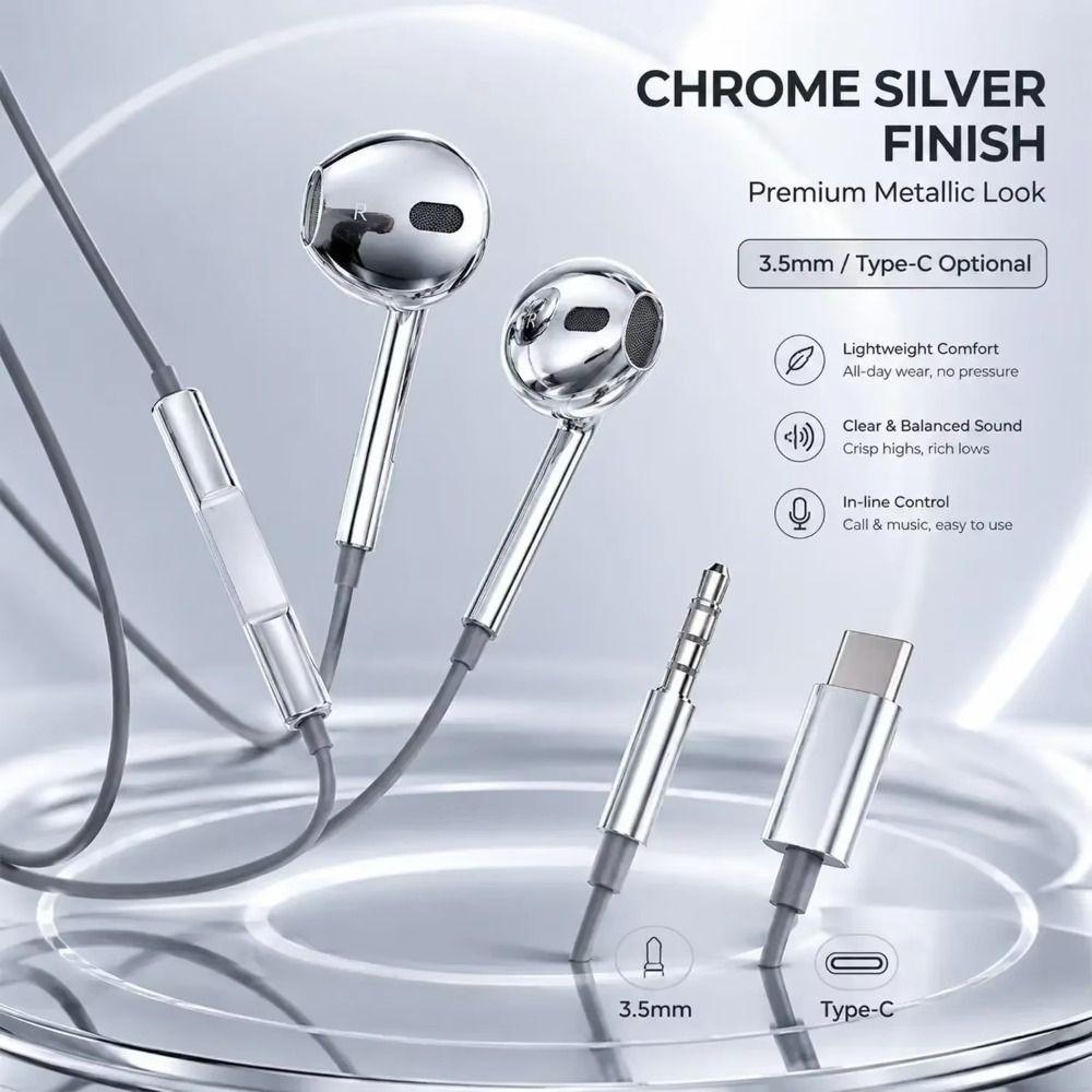 Metallic Finish Wired Earphones In-Line Remote Bass Earbuds Music Listening