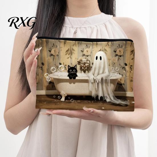 Cartoon Brush Holder Halloween Theme Cosmetic Bag, Durable Canvas Zipper Makeup Pouch, Digital Print Pouch Portable Storage for Stationery And