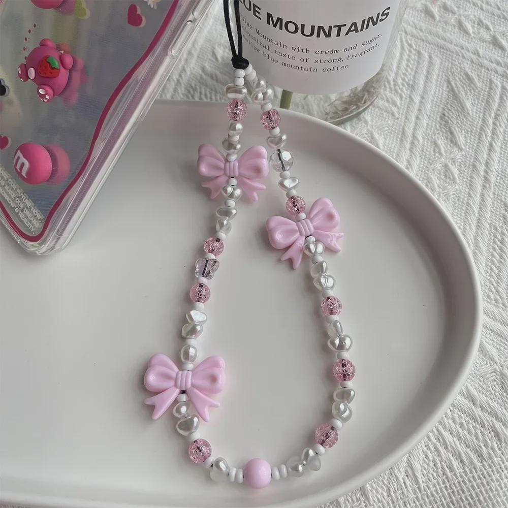 KKBEAD Pink Acrylic Bow Phone Charm Wrist Strap