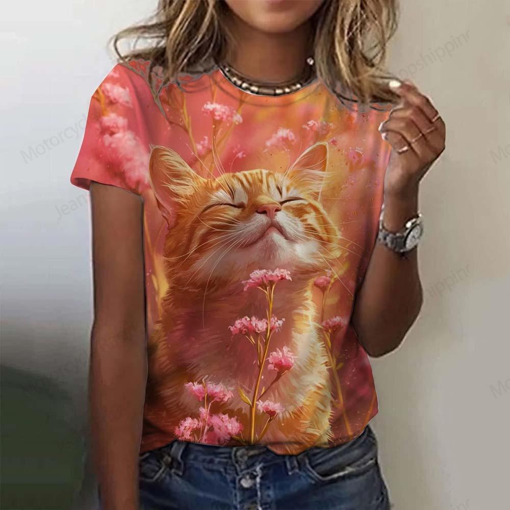 Футболка с милым рисунком кошки 3D-принтом, женская модная футболка большого размера с круглым вырезом и коротким рукавом, футболки, футболка Kawaii, футболка с изображением животных