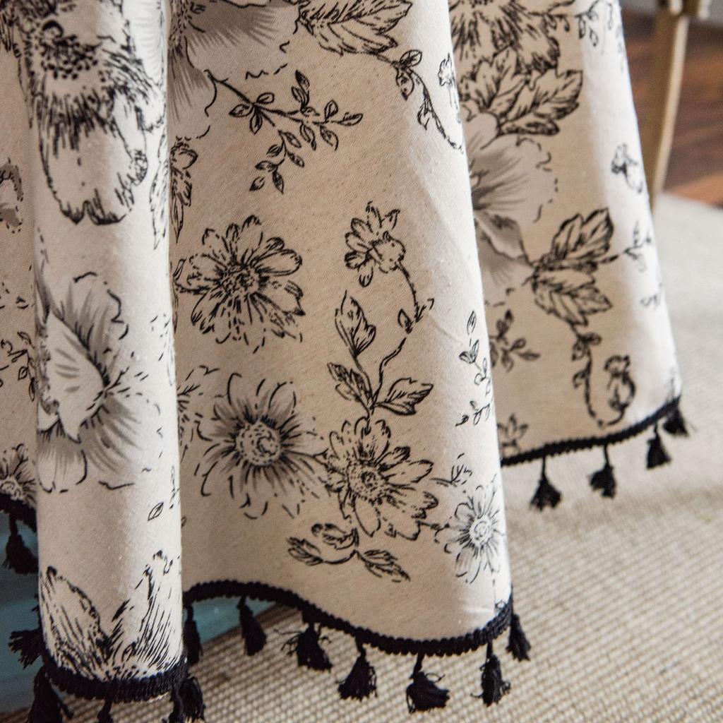 French Vintage Floral Print Tablecloth with Tassels - Black and White Rose Design, Round Cover for Dining Room or Kitchen Decor