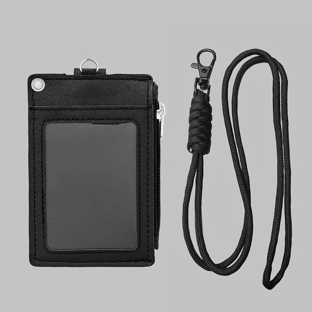 ID Card Holder Zipper Pocket 2 Sided 5 Cards Slots Keychain Lanyard for Mens Bus Subway Card Pouch