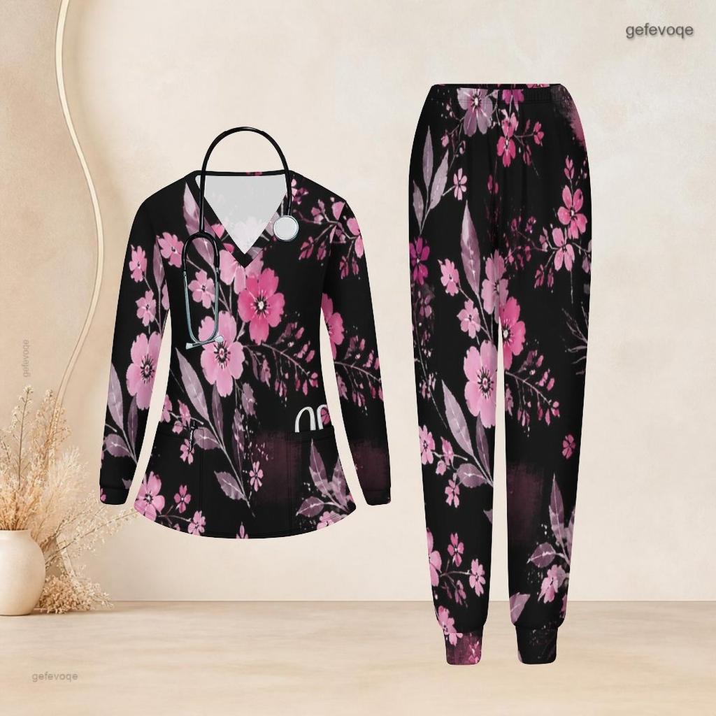 Women Plus Size Floral Printed V Neck Long Sleeve Nurse Scrub Two Piece Set With Pockets