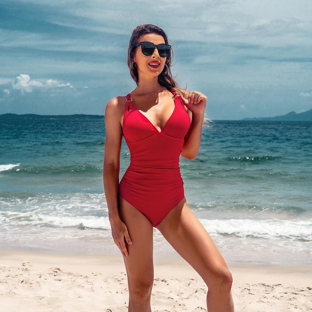 CHARMLEAKS Женский цельный модный купальник, сексуальный купальник с глубоким v-образным вырезом и высоким вырезом, рюшами, монокини, сплошной цвет, купальник с перекрёстком