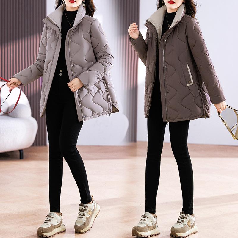 Down cotton-padded clothes for women's medium and long models, new loose and thickened stand-up collar thin cotton-padded clothes, jackets, versatile