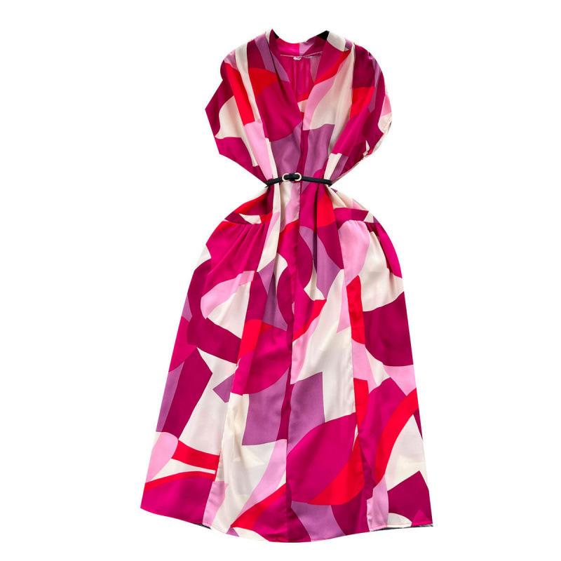 Light luxury retro collar printed dress women's summer French lace-up waist loose and thin medium and long shirt skirt