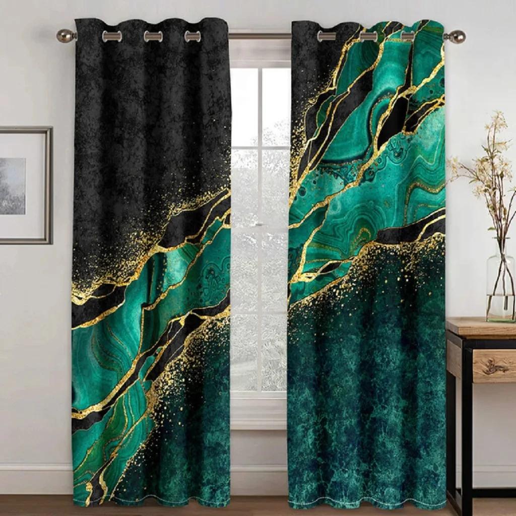 3D мраморный принт Зеленые и золотистые плотные шторы с высокой степенью затемнения для гостиной, роскошного декора спальни, шторы