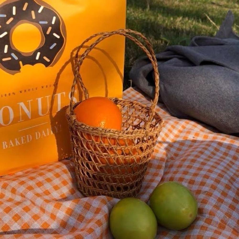 With Handle Straw Woven Basket Picnic Props Storage Basket Practical Tea Cup Cover