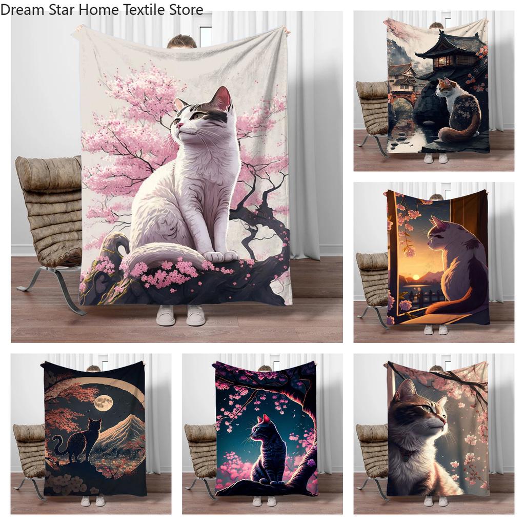 Cats Cherry Blossom Flannel Blanket Children Warm Soft Blanket for Sofa Bed Cover Blanket Suitable for Birthday Souvenir Gifts