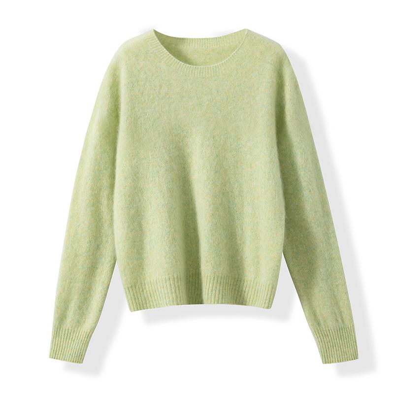 Seamless Wool-Cashmere Brushed V-Neck Round Neck Pink Sweater for Women