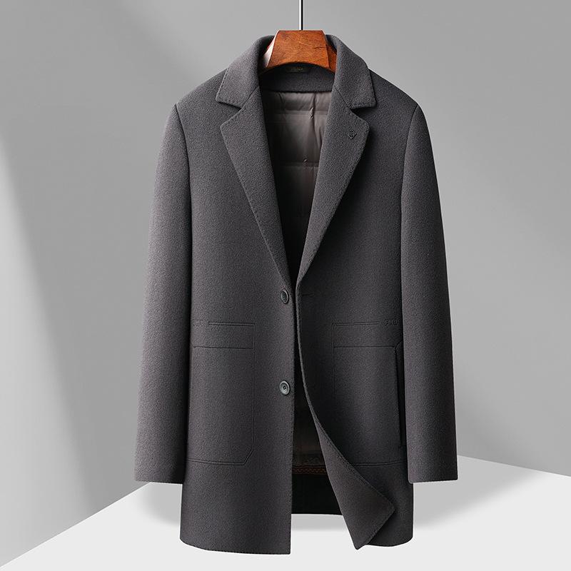 Мужское шерстяное пальто осень-зима средней и длинной длины с воротником-стойкой и подкладкой из белого утиного пуха, молодежное деловое двухстороннее шерстяное пальто
