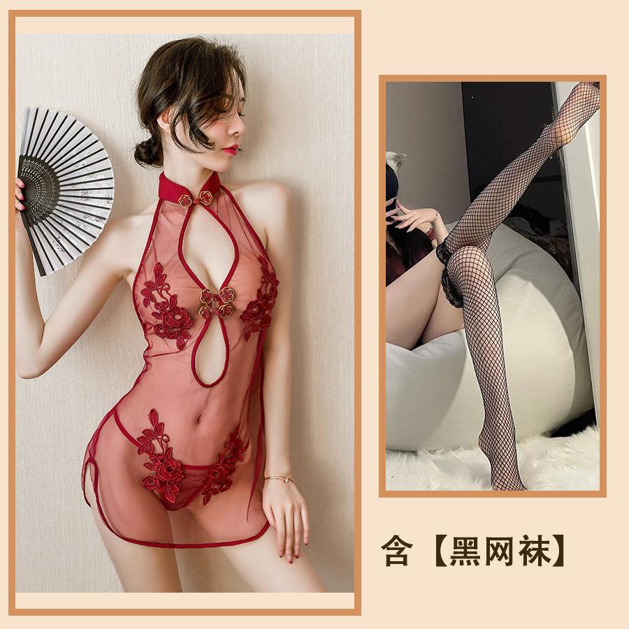 Sex lingerie sexy cheongsam women's transparent lace nightdress blood drops tease passion seduction suit