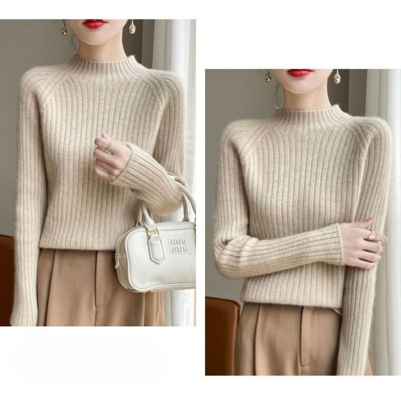 Осень Зима Женский Трикотаж Приталенный Полувысокий Воротник Однотонный Свободный Короткий Вязаный Свитер Базовый Слой