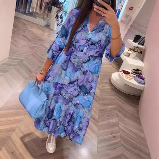 Женское платье макси с цветочным принтом в стиле бохо, летнее свободное платье миди с V-образным вырезом, повседневное платье А-силуэта с длинными рукавами для вечеринок, пляжного отдыха