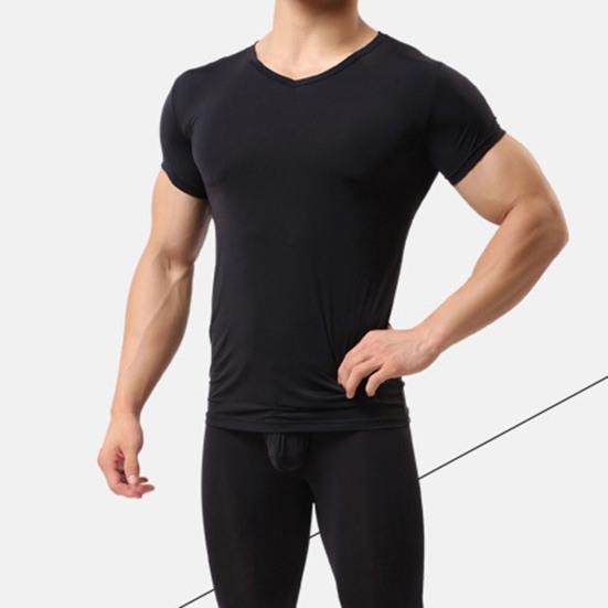 Summer Men Top Ultrathin Sweat Absorption Quick-drying Short Sleeves Round Neck Slim Fit Solid Color Breathable Elastic Casual Pullover Daily T-shirt