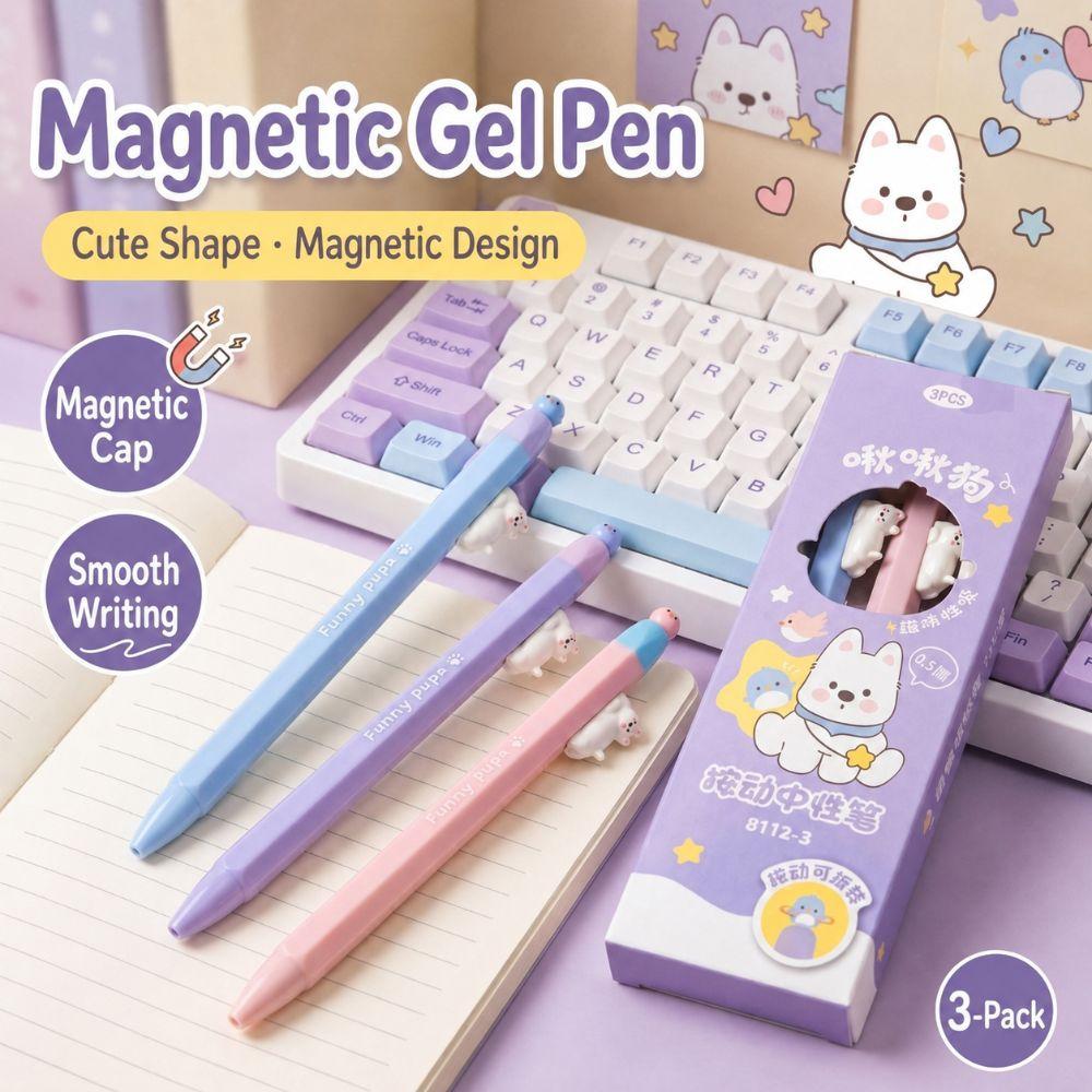 3pcs Magnetic Gel Pen 0.5mm ST Tip Signature Pen Cute Puppy Ballpoint Pen  Students
