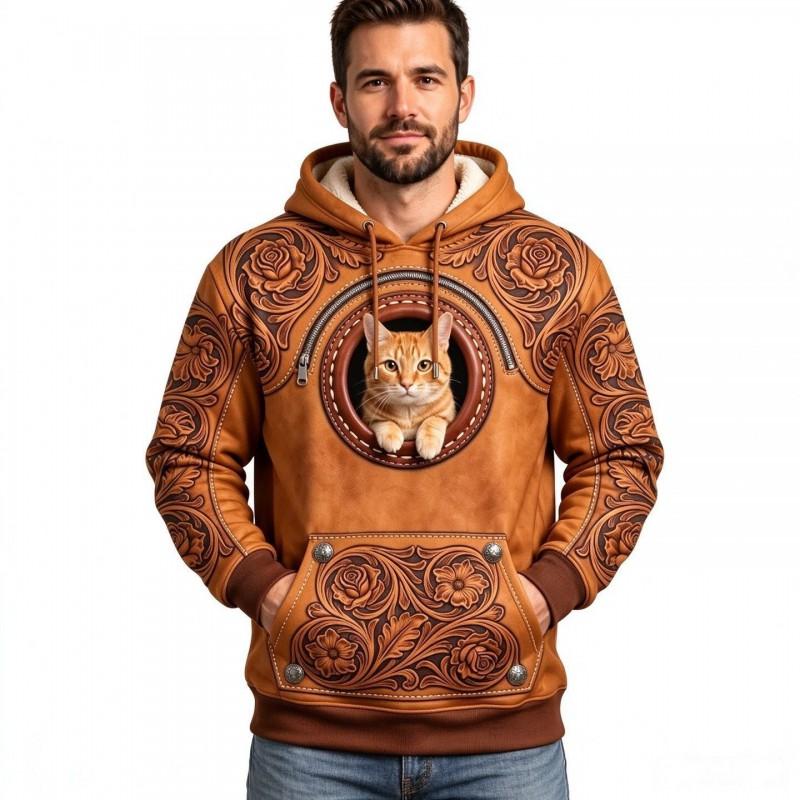 BK8839 Fleece Lined Printed Hoodie Loose Fit Warm Casual Sweatshirt Men Women