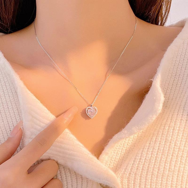Ожерелье Love, женская легкая роскошная цепочка в форме сердца из розового циркония с ключицей, нержавеющая сталь, пудра вишневого цвета, защитная цепочка в форме сердца