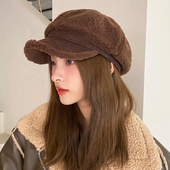 Winter Octagonal Cap Thick Plush Short Brim Contrast Color Keep Warm Peaked Cap Literary Retro Style Headwear for Work Travel Daily Wear