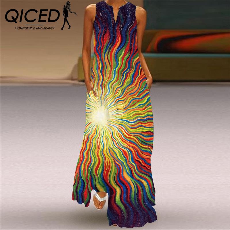 QICED Summer Women's Sleeveless Long V-Neck Printed Jade Flower Dresses