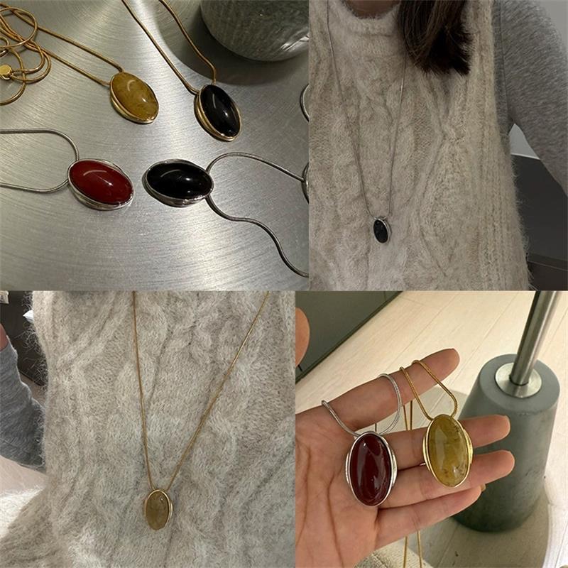 Retro Oval Stone Long Sweater Chain Necklaces For Women Lady Fashion New Jewelry Gift Party collares para mujer