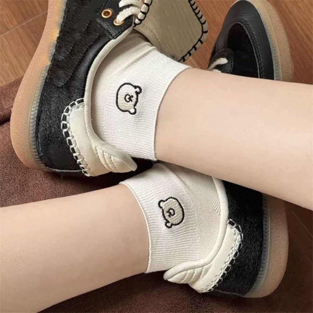 3Pairs Sweet Embroidered Bear Socks Ins Style Short Tube Socks Women Cute Sweet Ankle Socks Lady
