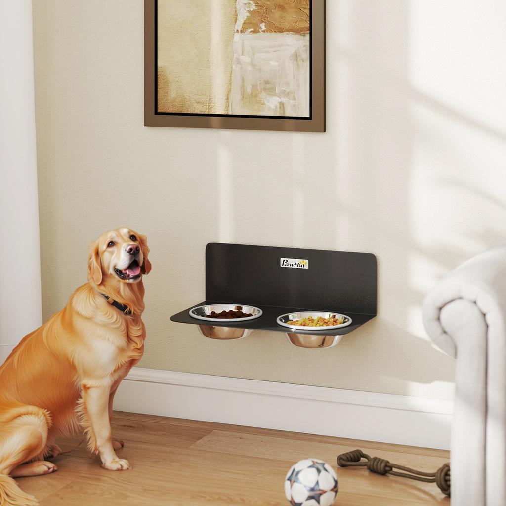 Wall Mount Dog Bowls, Adjustable Height Raised Dog Feeding Station with 2 Stainless Steel Bowls, 10kg Capacity, Black