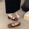 Flat Bottom Square Head Splicing Mary Jane Single Shoes Women's Shoes 2024 New Spring, Autumn and Winter French Retro Suede Evening Shoes