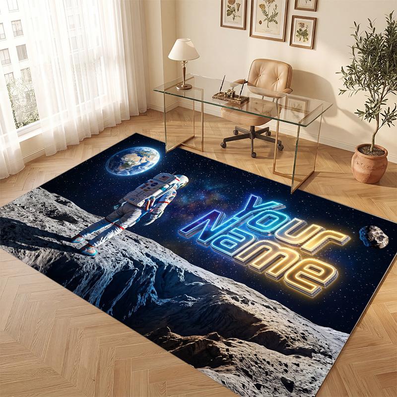 Astronaut Space Theme Soft Crystal Velvet Rug Custom Name & Text Print Non Slip Floor Rug for Bedroom Living Room