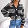 Autumn and Winter Women's Cardigan Sweater Fashion Collision Striped Lantern Sleeve Cardigan Sweater Tops