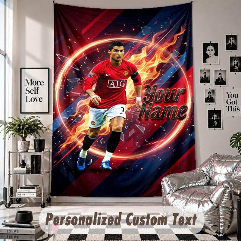 Wall Hanging Tapestry With Custom Name & Text, Cristiano Ronaldo Decorative Tapestry For Bedroom
