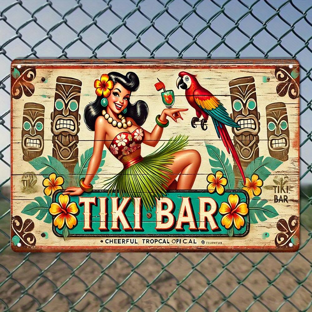 Vintage Cast Iron Tiki Bar Wall Art Tropical Metal Sign with Hawaiian Dancer Parrot Design Vibrant Colors IndoorOutdoor