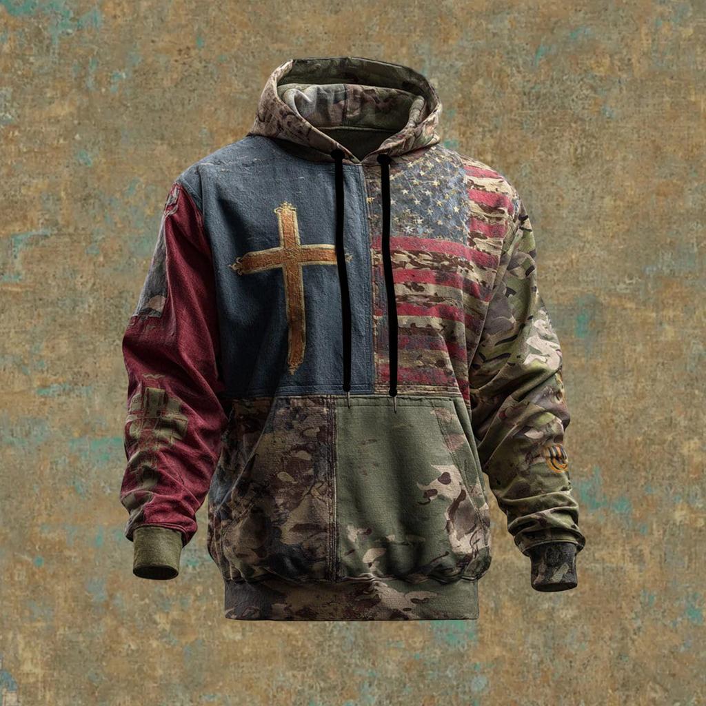 Мужское винтажное повседневное худи с крестом и американским флагом, патриотическая футболка