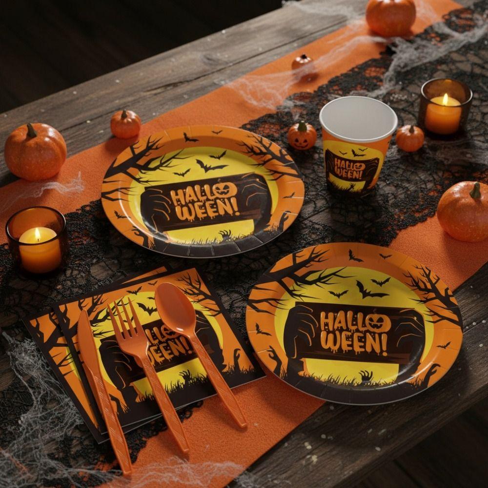 Decorative Disposable Plate Cup Set Pumpkin Pattern Disposable Utensils Set Ghost Festival