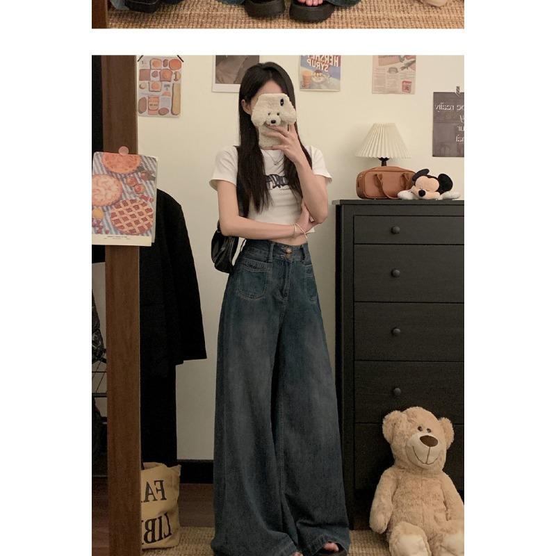 Cement gray American wide-leg jeans women's clothing 2026 autumn and winter loose high waist loose and thin large size floor pants
