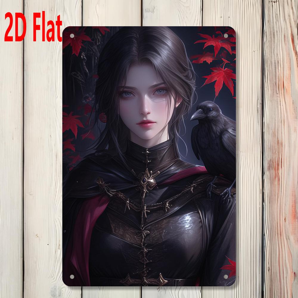 D Flat Metal Sign Dark Fantasy Girl Crow Red Maple Gothic Wall Art Home Decor