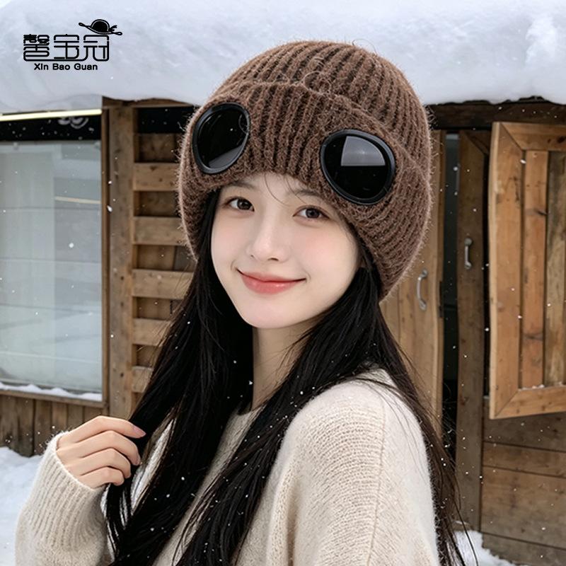 Winter velvet warm ear protection bag head hat women's outdoor cycling windproof pilot goggles knitted wool hat