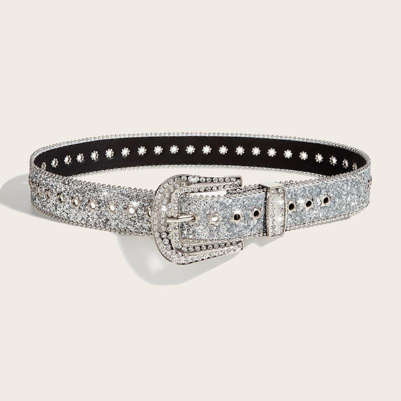 Y2K Women Fashion Solid Print Studded Full Rhinestone Belt Pu Leather Bling Crystal Adjustable Glitter Waistband For Club Party