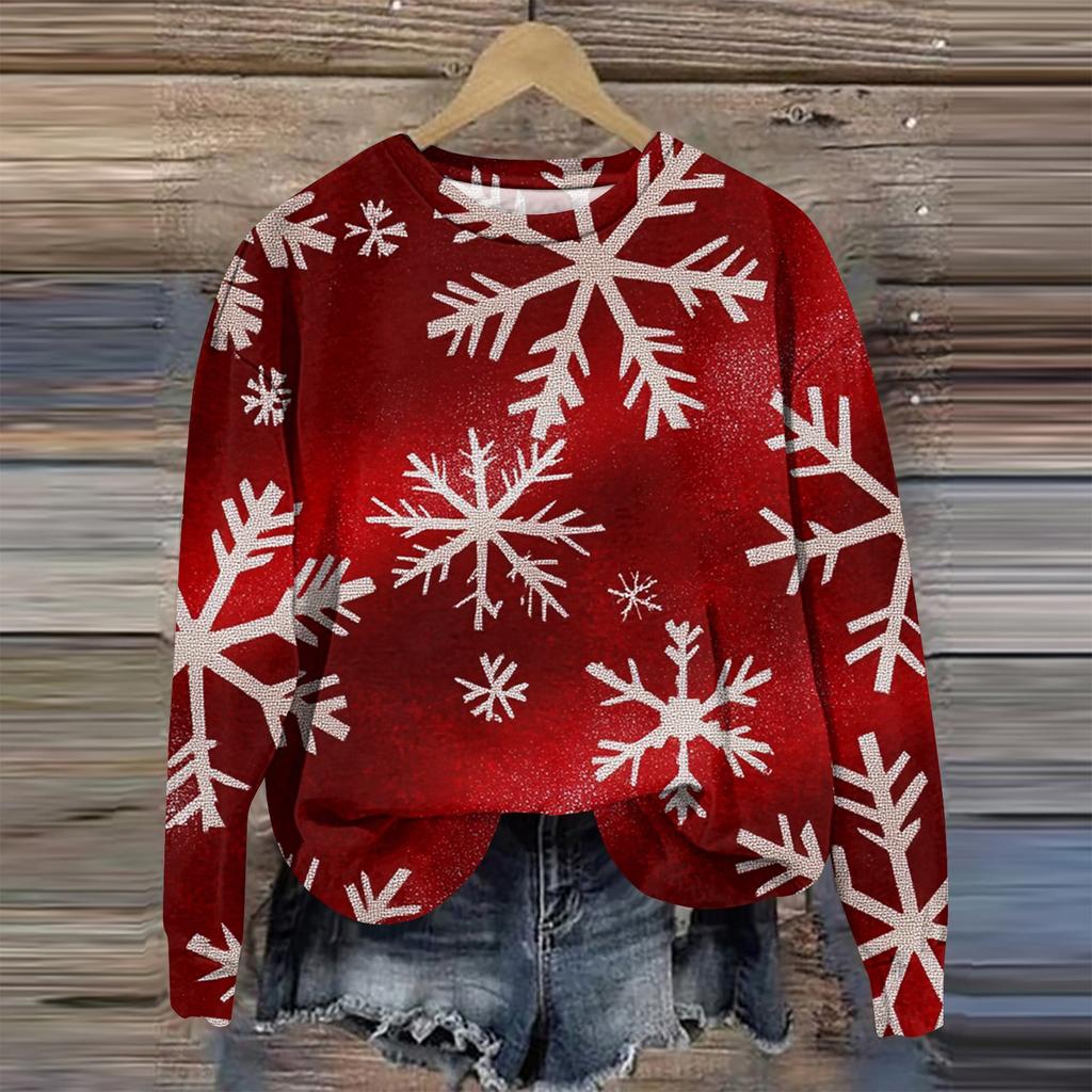 Женская мода круглый вырез пуловер длинный рукав футболка рождественский принт топ