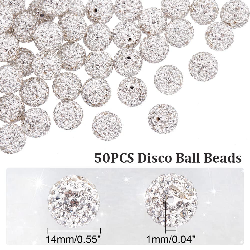 OLYCRAFT 50 Pieces Rhinestone Beads, Ball Beads, 14mm, Grade A, Resin Clay, for Jewelry, Pendants, DIY Crafts, Handmade, White, 1mm Hole