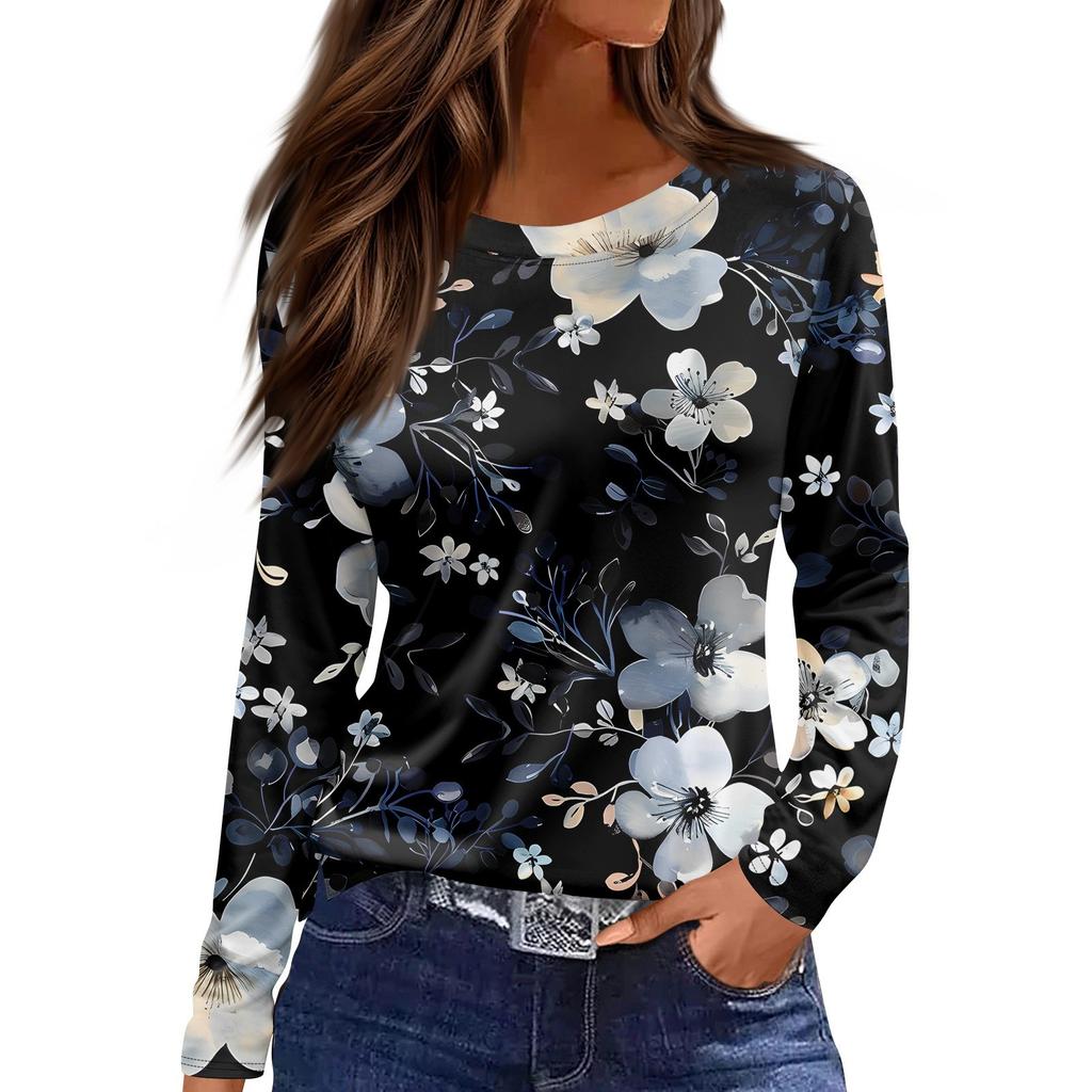 Женская модная повседневная свободная футболка с принтом и круглым вырезом с разрезом и длинным рукавом, женский топ