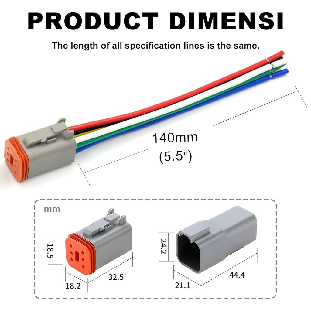 Deutsch DT 6 Pin Connector, 6 Way DT Automotive Waterproof Electrical Connector Male Female Plug Wiring Harness with 16AWG Cable Wire,for