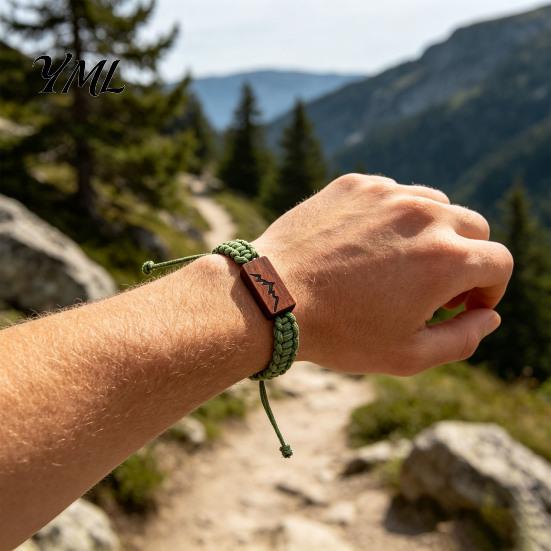 Couple Accessory for Daily Commute Adjustable Rope Bracelet with Wooden Charm, Ocean Wave/Mountain Sturdy Braided Wear Women Men, Handmade Bracelet,