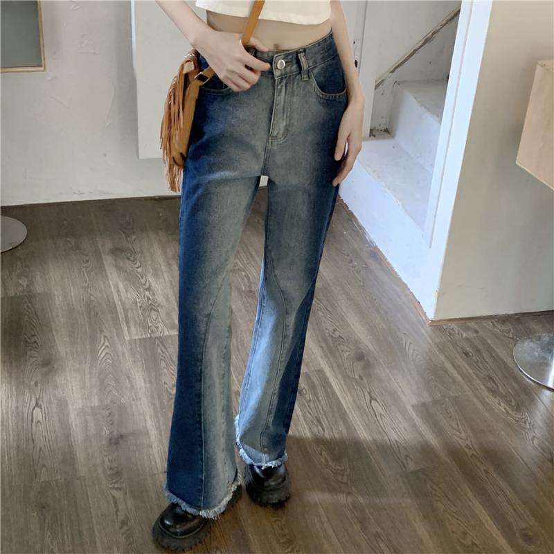 Осень-весна, джинсы, женские джинсовые брюки, винтажные прямые брюки, модные женские однотонные свободные повседневные широкие брюки с кисточками