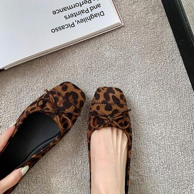 Туфли Мэри Джейн из овчины с бантом и леопардовым принтом, женские осенние балетки на французском толстом каблуке, туфли на маленьком каблуке