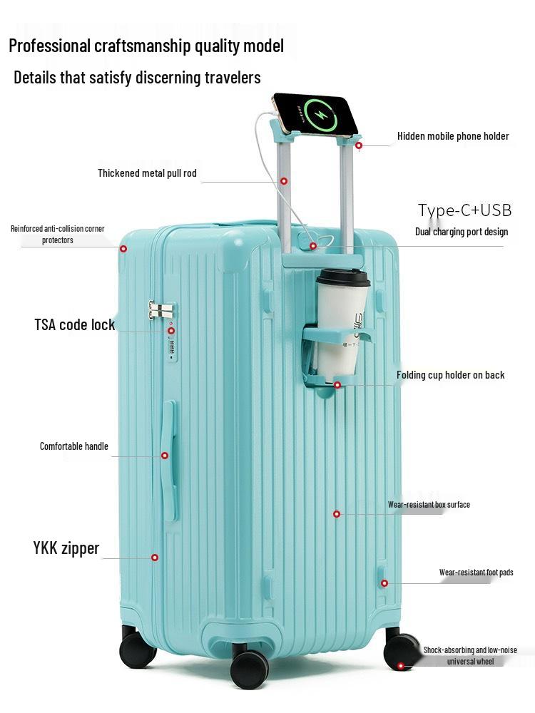 Утолщенный 24-дюймовый ПК-чемодан на колесиках: Ударопрочный чемодан большой вместимости с кодовым замком, доступный в размерах 26" и 30", с кожаной отделкой для женщин.