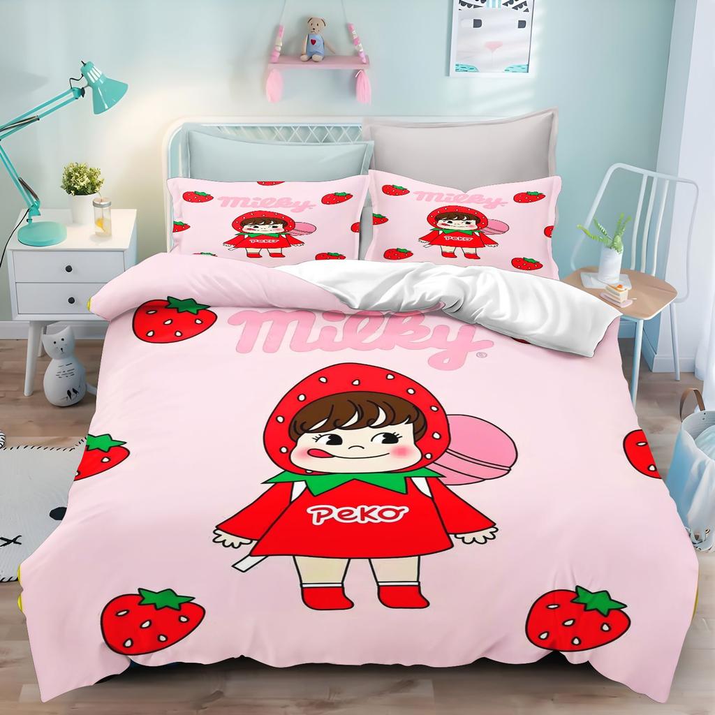 Fujiya Peko Chan 3D Print Bedding Set, Cute Japanese Cartoon Duvet Cover with Pillowcases, Kids Girls Bedroom Decor Bedding