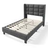 Modern design upholstered bed with padded headboard, single bed with slatted frame, 90x200cm, in grey linen, medium-firm (without mattress)
