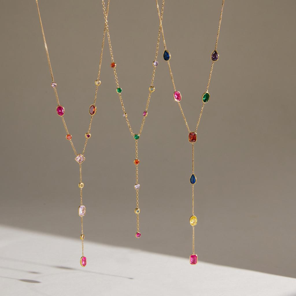 Uworld Multicolor Geometric Zircon Y Shape Chain Necklace For Women 18K Gold PVD Plated Stainless Steel Necklace Fashion Jewelry